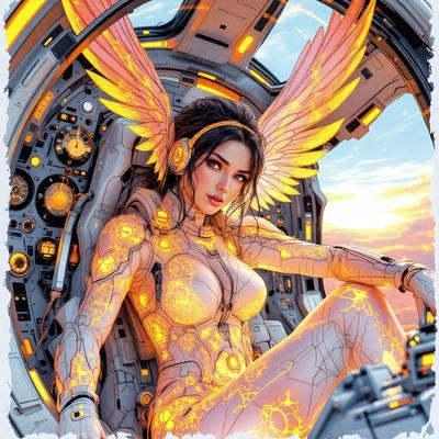 The primary subject of the image is a woman wearing a futuristic outfit, which includes a metallic dress and a pair of wings. She is sitting in a chair, which is part of a spacecraft. The setting is a futuristic environment, possibly a space station or a spaceship. The visual style of the image is digital art, as it appears to be a computer-generated or digitally edited image. The colors and mood of the image are bright and vibrant, with a sense of excitement and